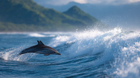 A stunning action shot of a striped dolphin suspended mid-air with ocean waves and sky in the backgroundの素材