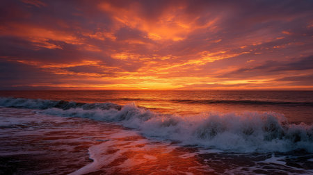 A vibrant sunset over the ocean, with the sea turning a warm orange color and the sky ablaze with golden and red huesの素材