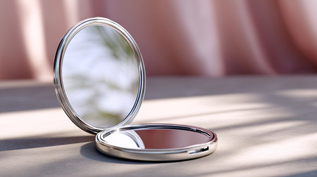 A modern circular makeup mirror isolated on a soft, blurred background with subtle lighting to highlight its featuresの素材