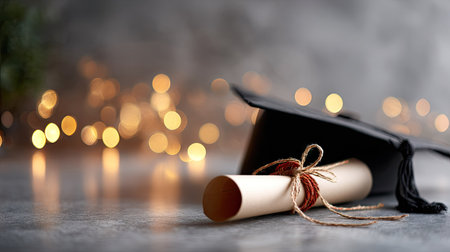 A rolled-up diploma tied with a ribbon, alongside a graduation cap, set on a polished surface with warm, glowing lights in the backgroundの素材