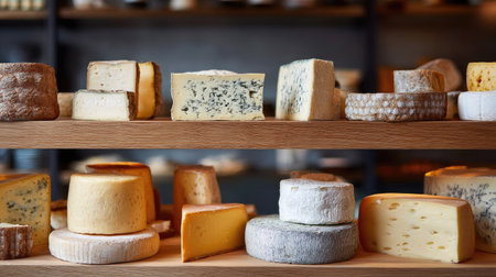 A variety of cheeses neatly arranged on wooden shelves, offering everything from creamy Brie to bold blue cheese in a gourmet shopの素材