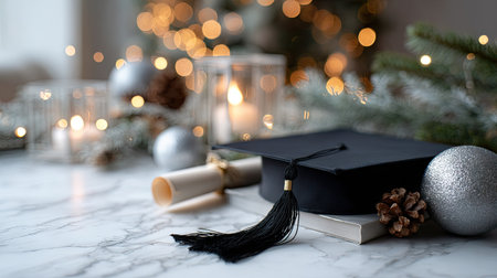 A neatly arranged graduation cap and diploma on a white marble surface, with soft lighting and a blurred background of festive decorationsの素材