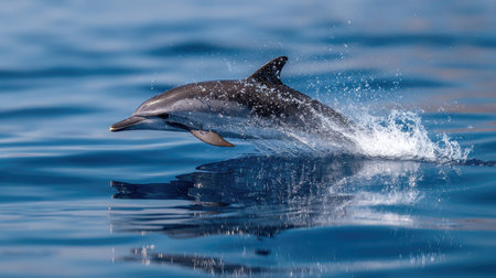A striped dolphin gracefully leaping out of the clear blue sea, water droplets sparkling in the sunlightの素材