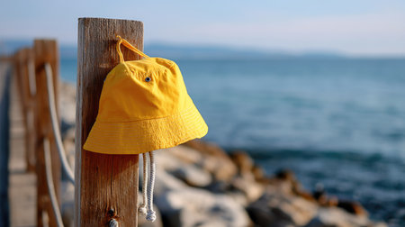 A yellow summer bucket hat hanging on a wooden fence by the seaside, evoking relaxed vacation vibesの素材