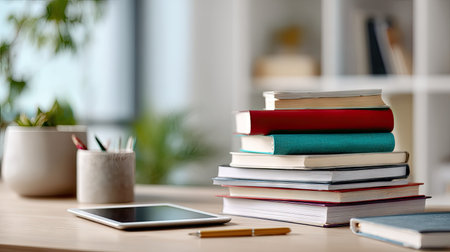 An organized stack of books on a clean study desk, digital tablet and pen beside them for modern learningの素材