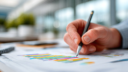 Close-up of male hand holding a pencil, making corrections on a business report at a clean office deskの素材