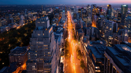 Aerial view of a bustling city at night, with bright street lights illuminating the streets and buildings creating a vibrant skylineの素材