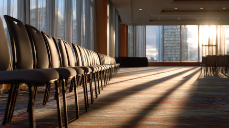 Conference setup with many empty chairs facing a stage, early morning light streaming through the windowsの素材