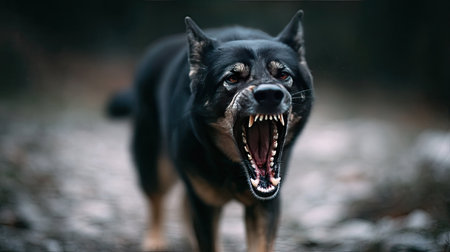 Guard dog in full aggression mode with mouth open and sharp teeth exposed, growling fiercelyの素材