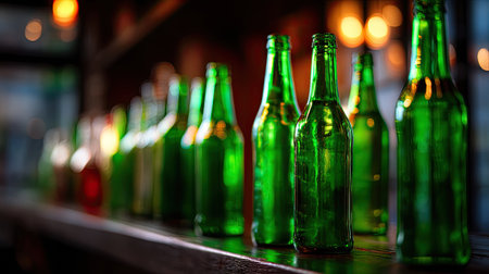 Green beer bottles lined up on a shelf in a cozy pub, with dim lighting highlighting their vibrant colorの素材