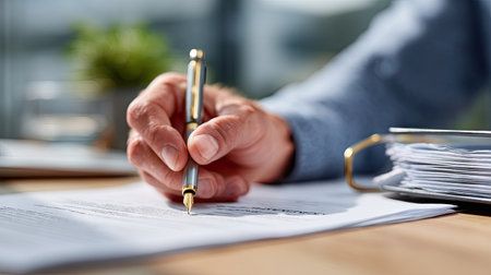 Businessman using pencil to sign and initial parts of a printed agreement, legal binder beside himの素材