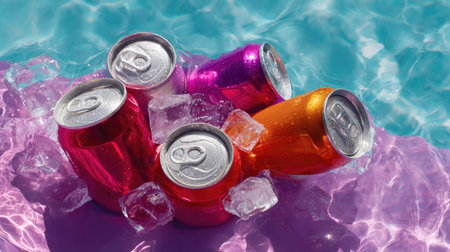Group of brightly colored beverage cans submerged in melting ice, ideal for summer advertising themesの素材