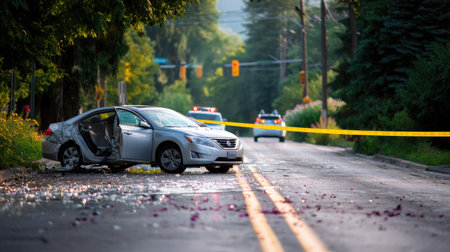 Car with deployed airbags and doors flung open, surrounded by police tape at the accident siteの素材