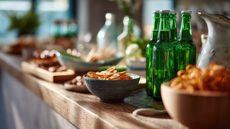 Close-up of green beer bottles on a wooden bar counter with bar snacks nearby, ready to be served to guestsの素材