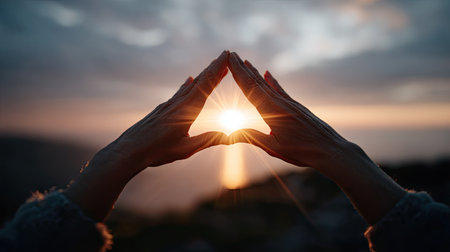 Hands forming a triangle around the setting sun, light spilling through as a symbol of focus and clarityの素材