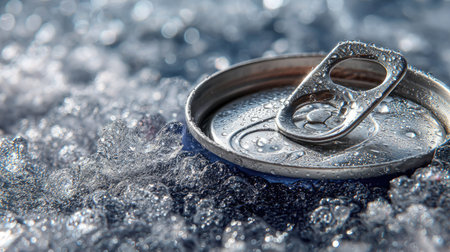 Beverage can pressed into a deep layer of ice, rim frosted and pull tab catching lightの素材