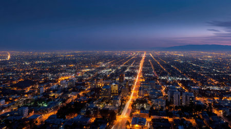 Aerial view of a city at night, showcasing a network of illuminated streets, glowing buildings, and streetlights stretching into the horizonの素材