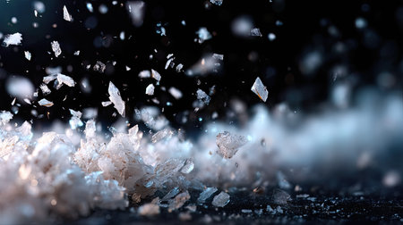 Ice particles flying in the air against a black background, frozen in time for a dramatic freeze-action effectの素材