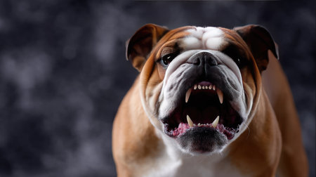 Aggressive bulldog showing its sharp teeth, posture stiff and ears forward in a defensive mannerの素材