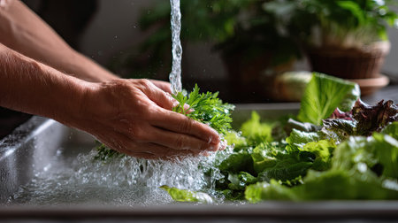 Hands of a young man washing herbs and vegetables in a stainless sink, close-up on greens and flowing waterの素材