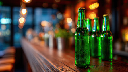 Green beer bottles stacked neatly on a bar shelf, with a dark wooden bar counter and ambient lighting in the backgroundの素材
