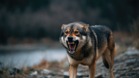 Large aggressive dog growling with sharp teeth visible, standing protectively near its territoryの素材