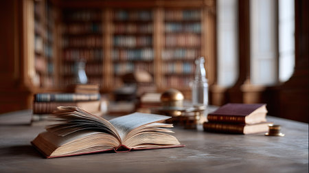 An open encyclopedia surrounded by closed books on a table in a classic university libraryの素材