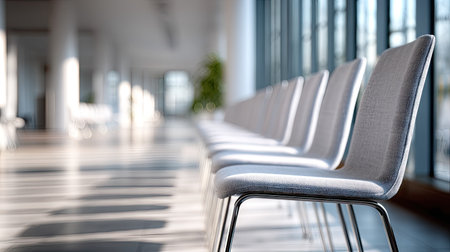 Modern office space with rows of vacant chairs lined up for a meeting or seminar, perfectly lit with daylightの素材
