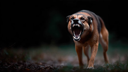 Intense dog barking with teeth bared, in an aggressive stance during a confrontationの素材