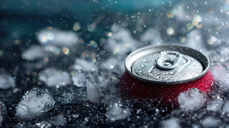 Close-up of unopened beverage can in cracked ice, surrounded by water droplets and slight reflectionsの素材
