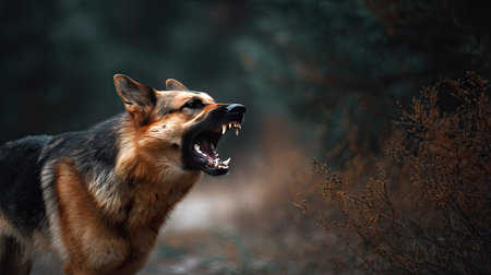 Guard dog in full aggression mode with mouth open and sharp teeth exposed, growling fiercelyの素材