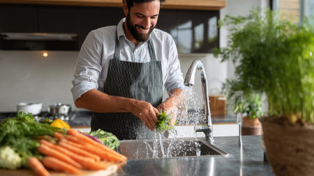 Happy young man in an apron rinsing vegetables in a modern kitchen sink, preparing for a family mealの素材