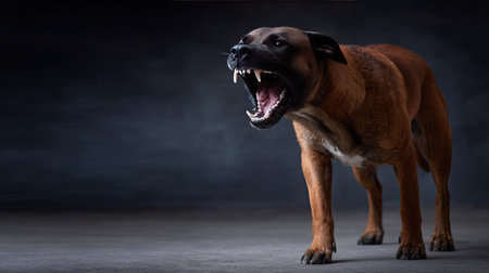 Large aggressive dog showing sharp teeth, standing in a threatening position with raised earsの素材