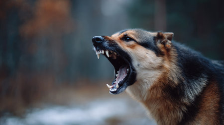 Fierce dog showing its teeth while barking at an intruder, warning to stay awayの素材