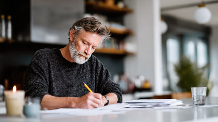 Mature man writing down data with a pencil, focused expression, papers spread across the deskの素材