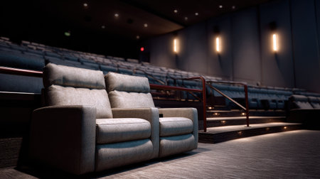 Modern cinema with empty reclining armchairs and footrests, arranged in stadium-style tiersの素材