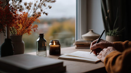 Freelance writer seated at a desk, penciling edits into a rough manuscript in a cozy home settingの素材