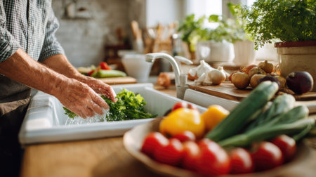 Man in a bright kitchen washing vegetables in a farmhouse-style sink, fresh produce arranged neatly nearbyの素材