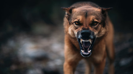 Menacing dog exposing its teeth in a warning pose, muscles tense and eyes focused on a potential threatの素材