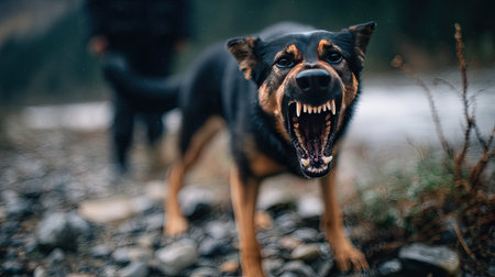 Snarling dog, showing sharp teeth in defense of its owner, ears pinned back and stance firmの素材