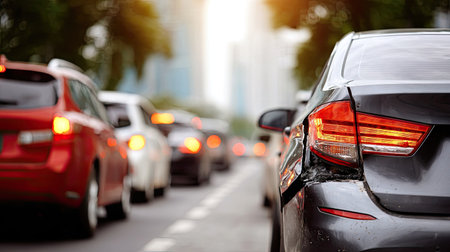 Rear-end car accident on a busy urban street, one car's bumper smashed, traffic backed up behindの素材