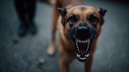 Protective dog with mouth open and dangerous teeth showing, warning a stranger near its ownerの素材