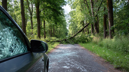 Skid marks leading to a crash site where a car hit a tree, airbags visible through shattered windowの素材