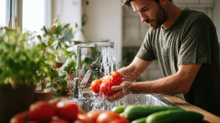 Side view of a young man washing red tomatoes and green cucumbers under running water in a clean kitchen sinkの素材