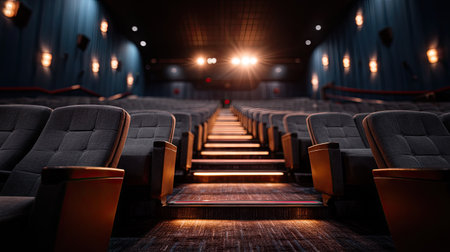 View from the back of an empty movie theater with comfortable seating and illuminated walkwaysの素材