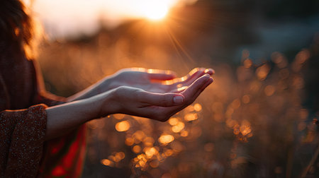 Soft focus image of a woman's hands catching the sunset light, skin glowing with gentle orange and gold tonesの素材