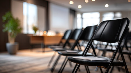 Set of empty black chairs arranged in a training room, projector and screen visible in soft background blurの素材