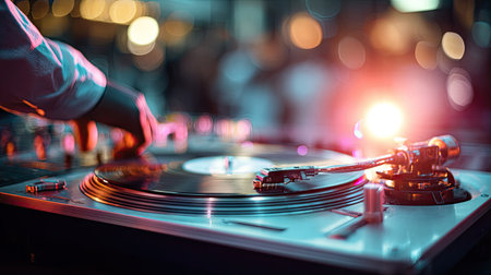 DJ mixing on a black turntable setup with motion blur and lens flare, evoking a high-energy dance floor vibeの素材