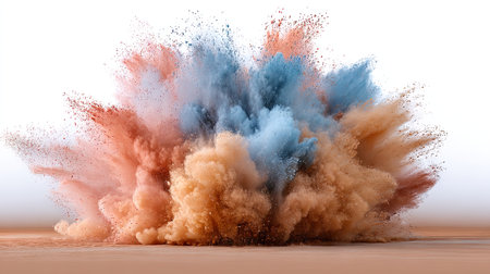Dust-like powder in pastel tones creates a gentle and elegant explosion of color, with a minimalist soft backgroundの素材