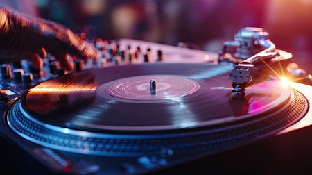 DJ mixing on a black turntable setup with motion blur and lens flare, evoking a high-energy dance floor vibeの素材